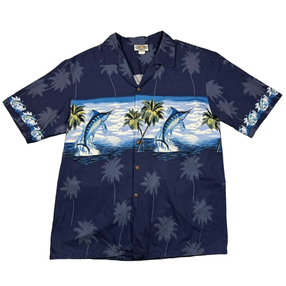 Hawaiian Shirt Mens XL Vintage Marlin Fish Tropical Beach Navy Short‎ Sleeve